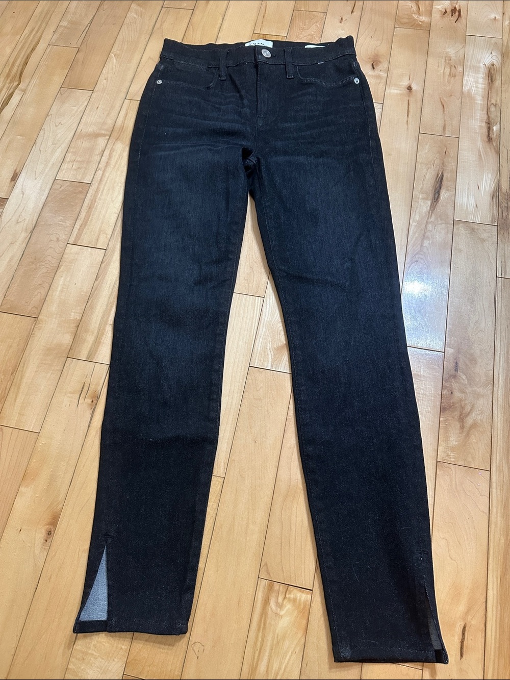 Frame Denim Black Straight-Leg Jeans with Ankle Slits